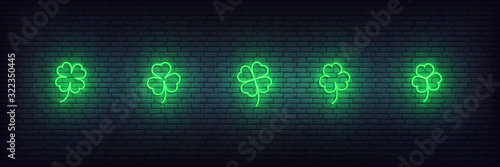 Clover neon icons for Saint Patricks Day. Set of green Irish shamrock icons for Saint Patrick's Day photo