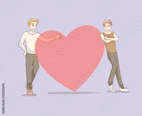 lgbtq gay men couple leaning on big heart concepts in love cute illustration in anime style for valentine day