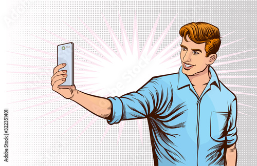 Men are taking selfies on smartphones. photos in social networks media. Pop Art Vector Illustration.The image is separate from the background.