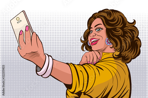 Black woman taking selfies on smartphone. photos in social networks media. Pop Art Vector Illustration.The image is separate from the background.