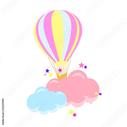 Beautiful children`s wind illustration - clouds with a balloon, cute baby shower 