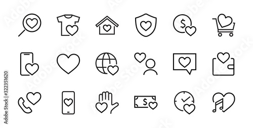The set of icons about love contains such icons as love of music, declaration of love, heart, favorite home, Linear set. Vector on a white background. Editable stroke. 480x480