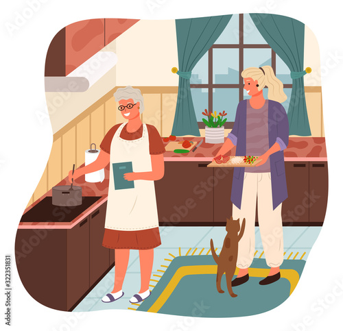 Grandmother stand by stove and boil soup. Woman help mother with cooking and bring ingredients for meal. Cozy kitchen interior with kitchenware and tabletops. Vector illustration of cook process
