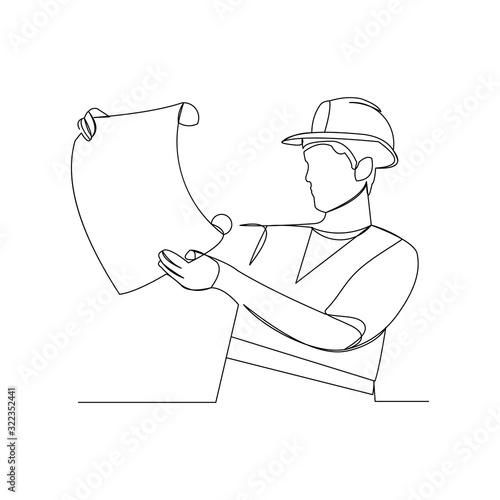 Continuous line drawing of cunstruction worker with blue print paper. One line art of architect hold design paper of building. Vector illustration.