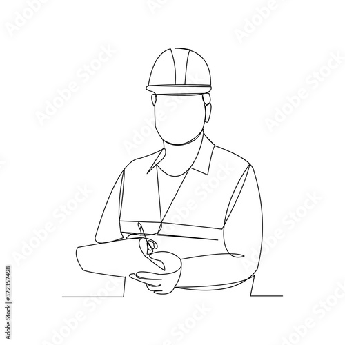 Continuous line drawing of cunstruction worker with blue print paper. One line art of architect hold design paper of building. Vector illustration.