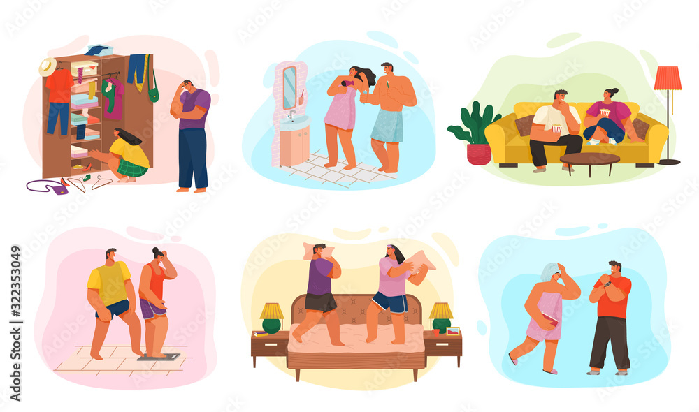 Fototapeta premium Family of two spending time together at home. Life of young couple. Set of lifestyle pictures where man and woman doing everyday things. Daily domestic duties. Vector illustration in flat style