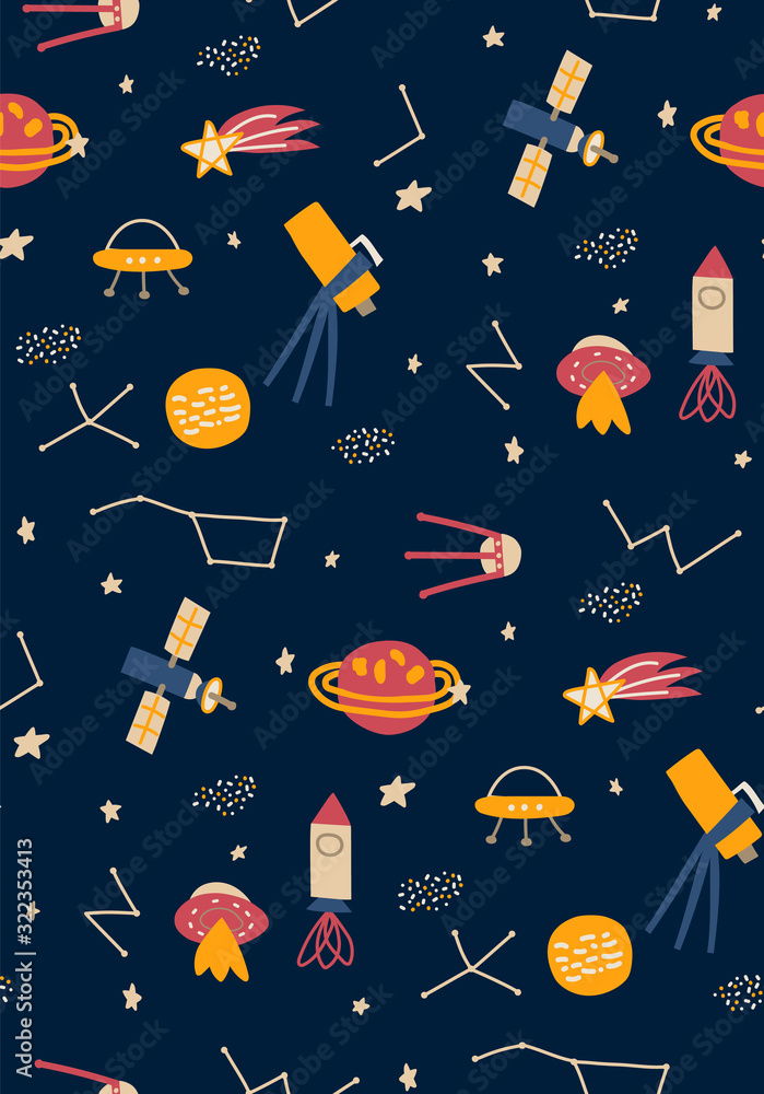 Seamless pattern Space exploration, space trip. Hand drawn cartoon rocket, planets, comet, stars, ufo. Childish, Scandinavian style background. Illustration for textile, fabric, wallpaper, web design Seamless pattern Space exploration, space trip. Hand drawn cartoon rocket, planets, comet, stars, ufo. Childish, Scandinavian style background. Illustration for textile, fabric, wallpaper, web design