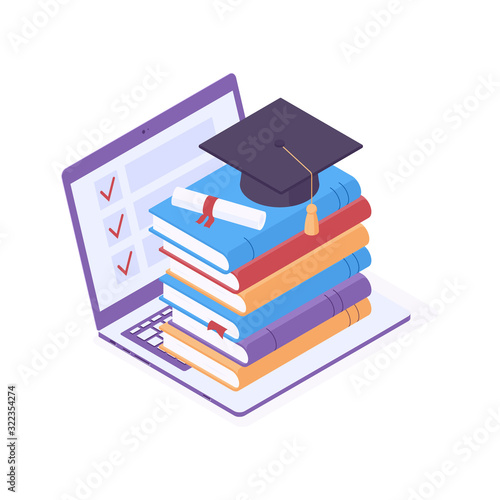 Online education isometric vector illustration. Flat laptop with stack of books, diploma scroll and graduation cap.