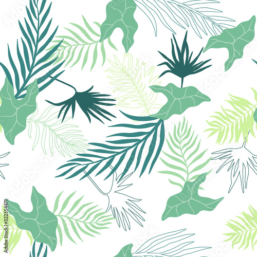 Tropical background with palm leaves. Seamless floral pattern. Summer vector illustration. Flat jungle print