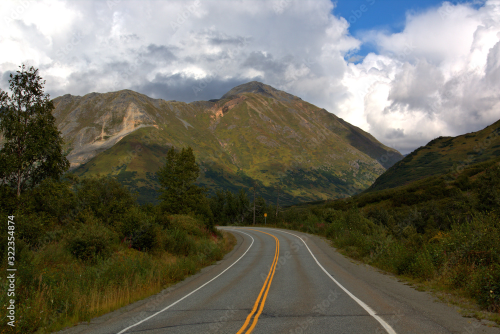 Fototapeta premium Hatcher Pass Road winds through the mountains for roughly 60 miles