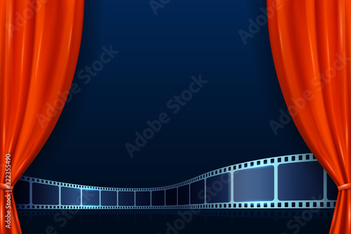 Theater red curtains with film strip on stage at the foreground. Modern Cinema Movie Background. Open curtains for theater or movie presentation or cinema award announcement with space for text.