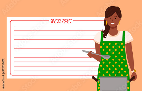 Recipe empty page with lines and smiling woman character cooking dish in pan. Culinary notebook with female kitchener in apron. Square sticker for ingredients with chef girl holding cap vector