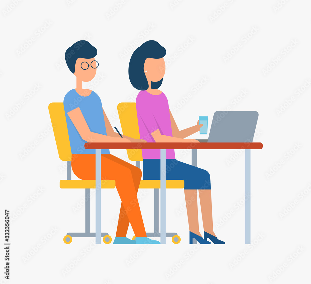People working in team vector, person typing on laptop teamwork on project management network workspace organization man wearing glasses sitting. People working in team vector, person typing on laptop teamwork on project management network workspace organization man wearing glasses sitting.