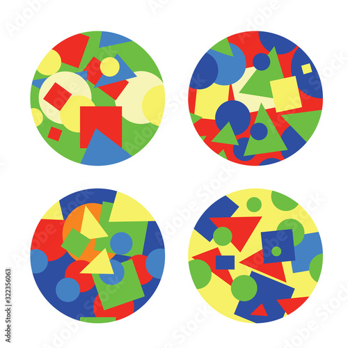 Four vector flat circles with abstract colorful shapes inside. ordered chaos