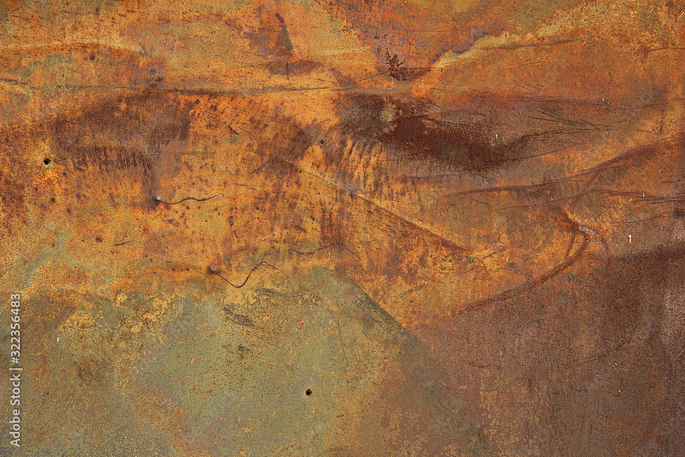 Fototapeta premium Еexture of rusty iron, cracked paint on an old metallic surface, sheet of rusty metal with cracked and flaky paint, abstract rusty metal texture. Horizontal