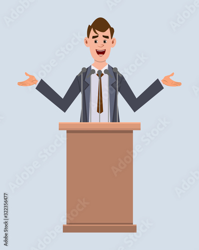 cute businessman speaker stands behind the podium and speaks.  Flat style cartoon character for your design, motion or animation.