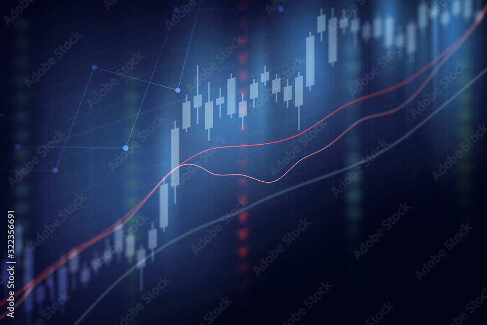 Abstract financial graph with up trend line in stock market on blue color background Abstract financial graph with up trend line in stock market on blue color background