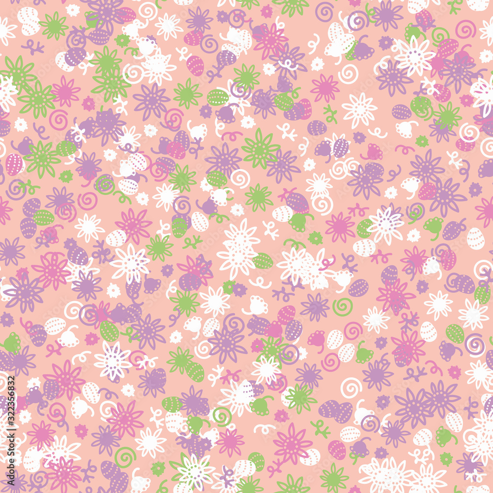 Pink egg hunt themed seamless vector pattern with scattered eggs and flowers. Easter holiday surface print design. Great for spring time fabrics, stationery and packaging. Pink egg hunt themed seamless vector pattern with scattered eggs and flowers. Easter holiday surface print design. Great for spring time fabrics, stationery and packaging.