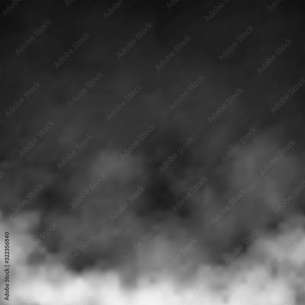 Fototapeta premium Chmury, biała mgła, smog na czarnym tle. Efekt wektorowy mgły i dymu.