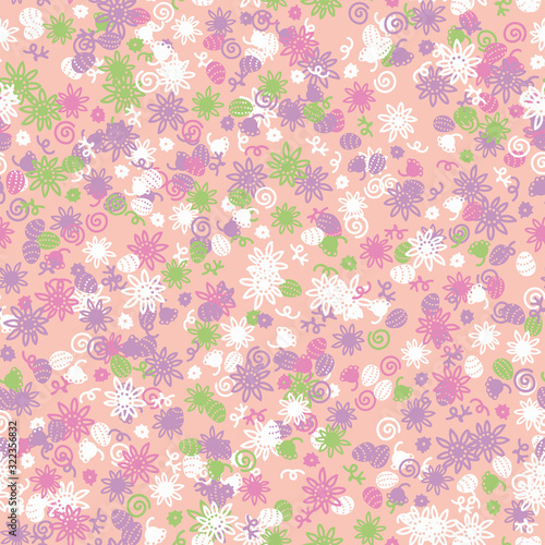 Pink egg hunt themed seamless vector pattern with scattered eggs and flowers. Easter holiday surface print design. Great for spring time fabrics, stationery and packaging.