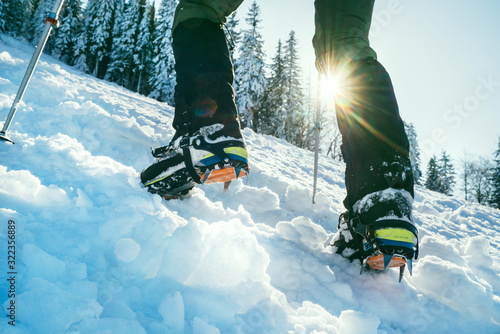 Close up shot of mountain boots with crampons and snow gaiters with backlight sun beams and snowy spruces on background . High mountaineer pounding boots in hard snow ascending UP on the summit. photo