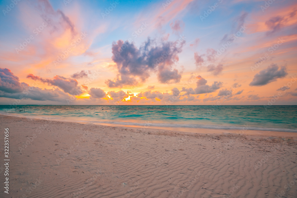 Sea sand sky concept, sunset colors clouds, horizon, horizontal background banner. Inspirational nature landscape, beautiful colors, wonderful scenery of tropical beach. Beach sunset, summer vacation
