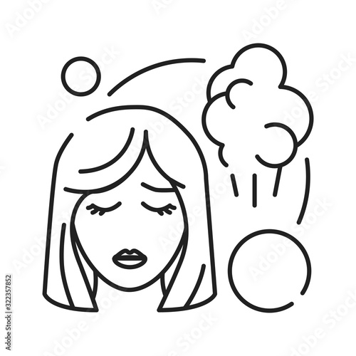 Early pregnancy symptoms fart black line icon. Sickness and illness: bloating and flatulence. Pregnant blond woman concept. Sign for web page, mobile app, banner, social media. Editable stroke.