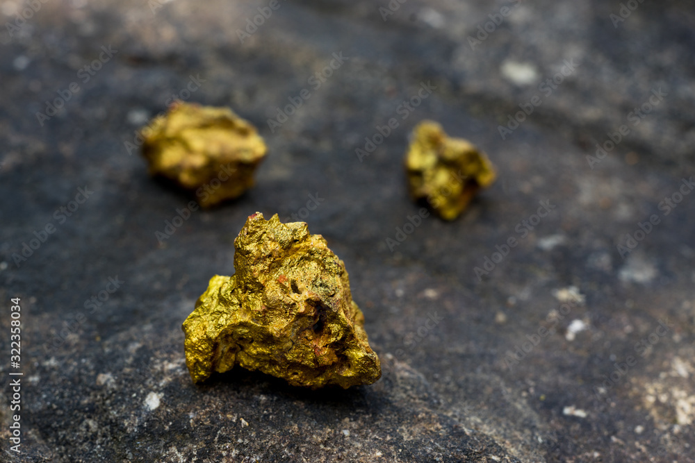 The pure gold ore found in the mine on a stone background.