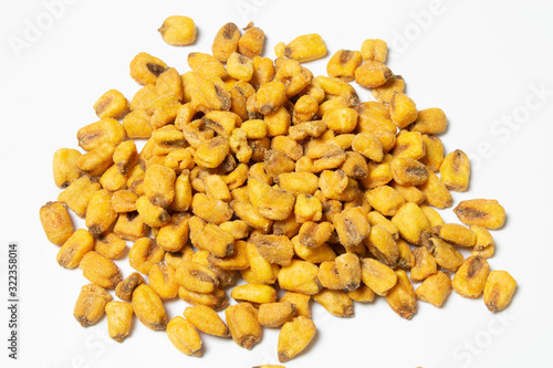 Roasted corn nuts on white background