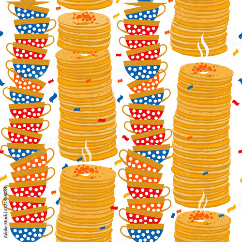 Shrovetide or Maslenitsa. Russian inscription Maslenitsa wide Wide Maslenitsa seamless pattern. Great Russian holiday Shrovetide. Vector illustration.