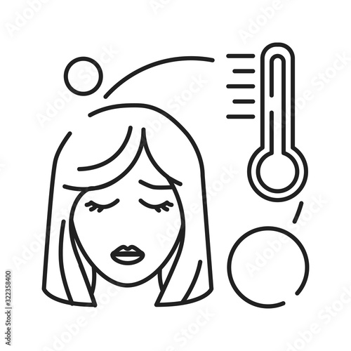 Hight temperature, fever black line icon. Early pregnancy symptom. Pregnant blond woman and thermometer concept. Diseases, influenza. Sign for web page, mobile app, banner. Editable stroke.