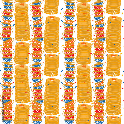 Shrovetide or Maslenitsa. Russian inscription Maslenitsa wide Wide Maslenitsa seamless pattern. Great Russian holiday Shrovetide. Vector illustration.