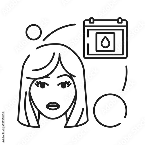 Early pregnancy symptoms missed period black line icon. Delay of menstruation, violation of the menstrual cycle. Pregnant blond woman concept. Sign for web page, mobile app, banner. Editable stroke.
