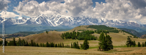 panorama of the Kurai steppe and the Chui ridge in the Altai mountains, Russia, summer