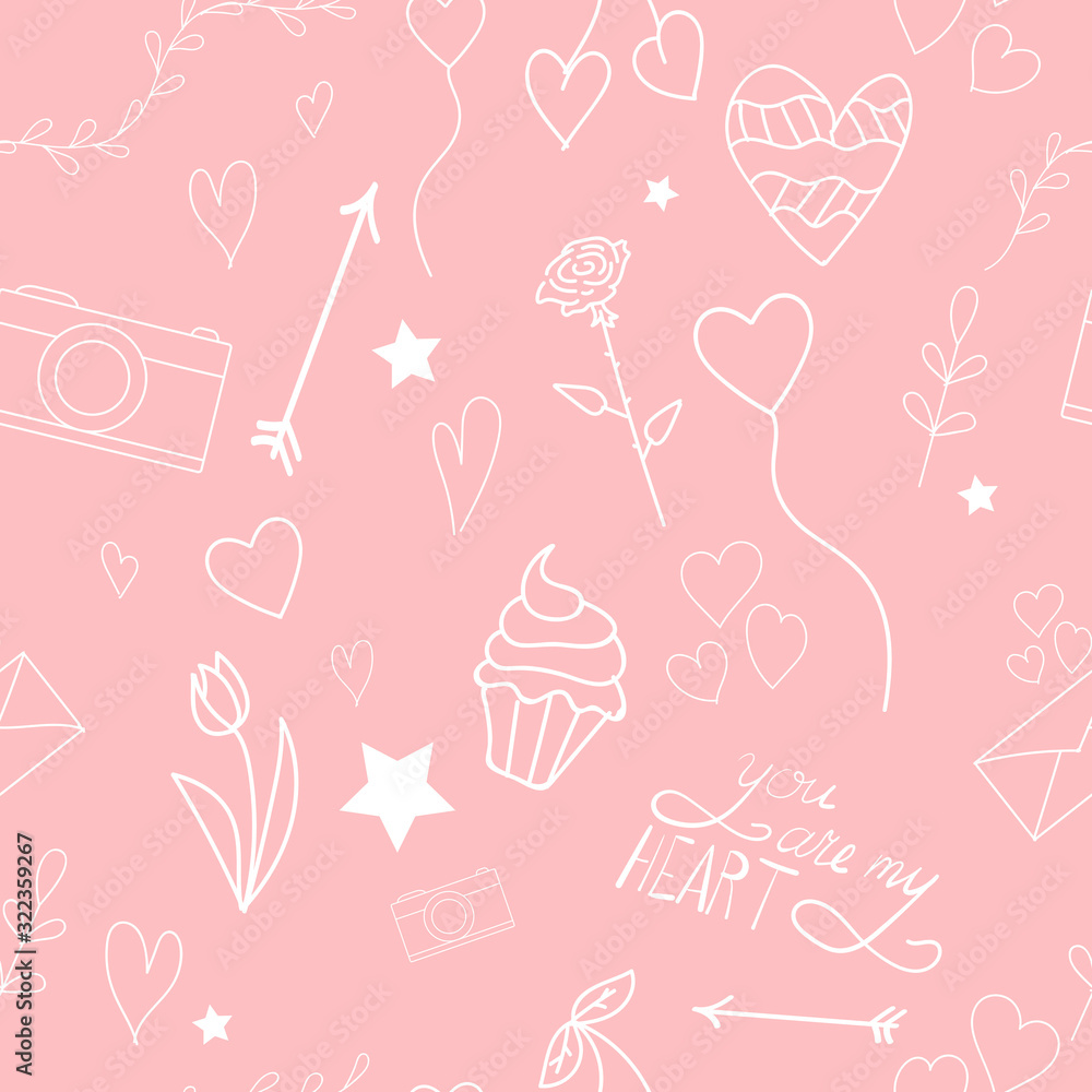 Valentine's day vector pattern. White background. Pink outline. Seamless background.