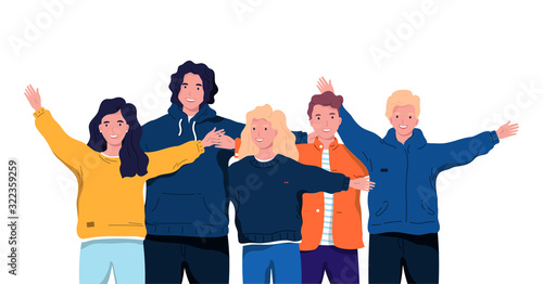 Group of smiling people. Vector illustration Young friends hug each other. Team of happy students on an isolated white background. Cartoon flat style.
