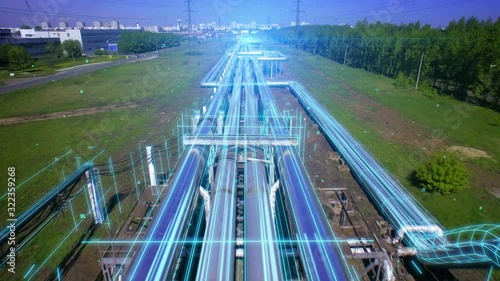 AERIAL Pipes with hot water. Heat carrier steel pipes from CHP, heat and power centers supply heat and water to the city. Infographics and motion design illustrates the energy flows through the pipes.