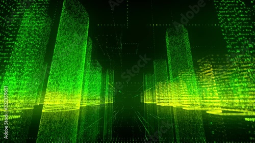 Moving through the green and yellow colored model of abstract digital city contained of random numbers and grids on black background. Business, communications or digital tech concept. 3d rendering 4k