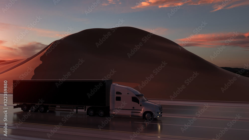 Obraz premium Semi trailer. Truck on the road, highway. Transports, logistics concept. 3d rendering