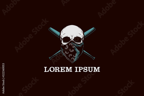 Skull with bandana and cross baseball bat vector logo template