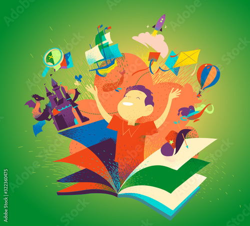 Ragazzo che appare da un libro. Leggere libri come un'avventura. Immaginazione, racconti, storie, scoperte per bambini. Copertina per libri colorata per bambini. Illustrazione vettoriale