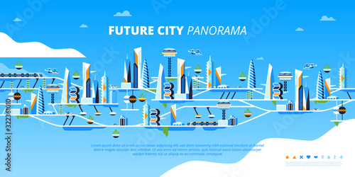 Future city panorama flat vector illustration
