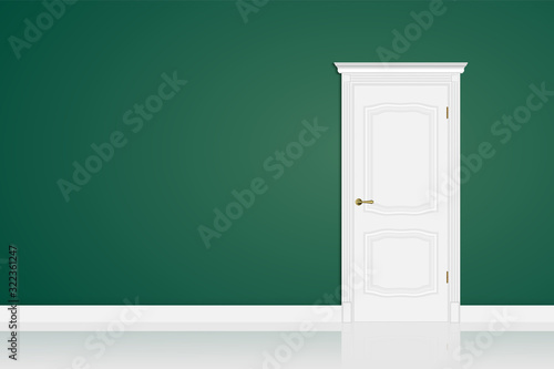 White closed door on green wall in room. Design mock up for copy past. Vector illustration