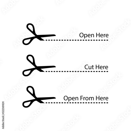 Scissors paper cut or open here line symbol set. 