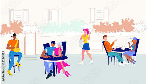 Street cafe with resting people.A vector illustration of People Sitting in Outdoor Cafe.Park cafe . People Drink Coffe in Outdoor Vector Street Cafe on Restaurant Terrace. 