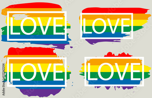 Lgbt+ gay rainbow flag set on the grunge watercolor splash. Gay and lesbian pride symbols. Sticker, patch, t-shirt print, logo design.