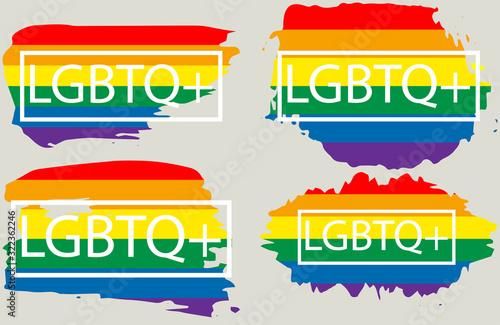 Lgbt+ gay rainbow flag set on the grunge watercolor splash. Gay and lesbian pride symbols. Sticker, patch, t-shirt print, logo design.