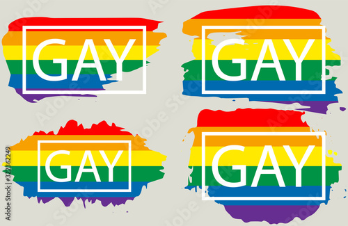 Lgbt+ gay rainbow flag set on the grunge watercolor splash. Gay and lesbian pride symbols. Sticker, patch, t-shirt print, logo design.