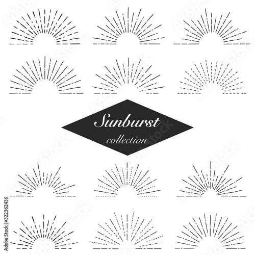 Collection of  hand drawn sunburst in retro style. Half circle. Vector illustration