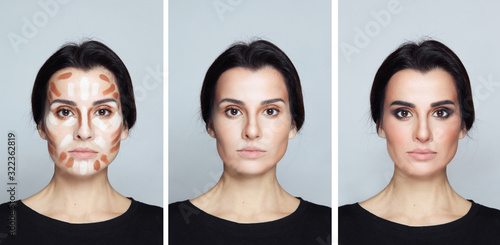 Collage with images of young woman with three makeup steps: contouring, blending, full makeup